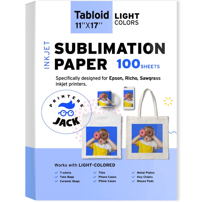 Printers Jack Sublimation Paper 100 Sheets 11" x 17" 120 gsm for Any Epson Sawgrass Inkjet Printer with Sublimation Ink for T-shirt, Ceramic, Mouse Pad, Towel, DIY Unique Gifts - Image 1
